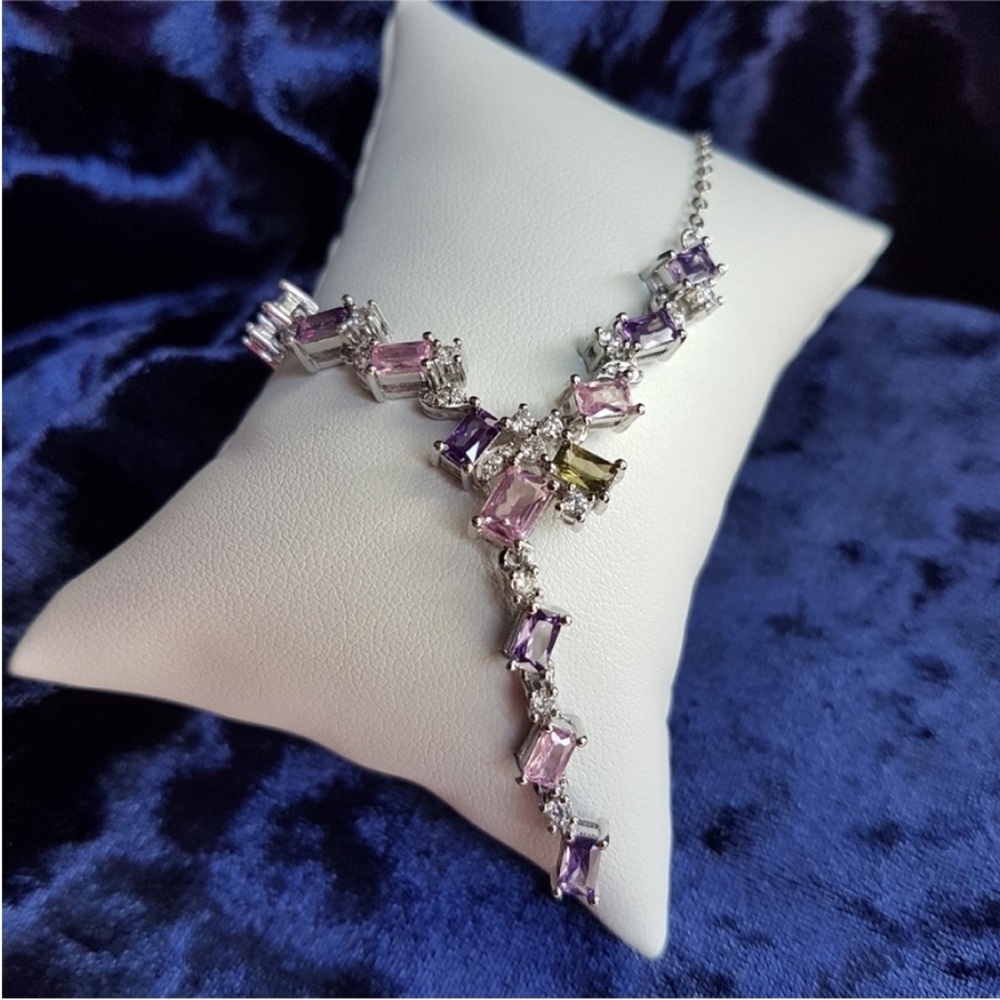 Swarovski Elements Platinum Multicolor Pink & Purple Gem Geometric Necklace NEW - Picture 7 of 13